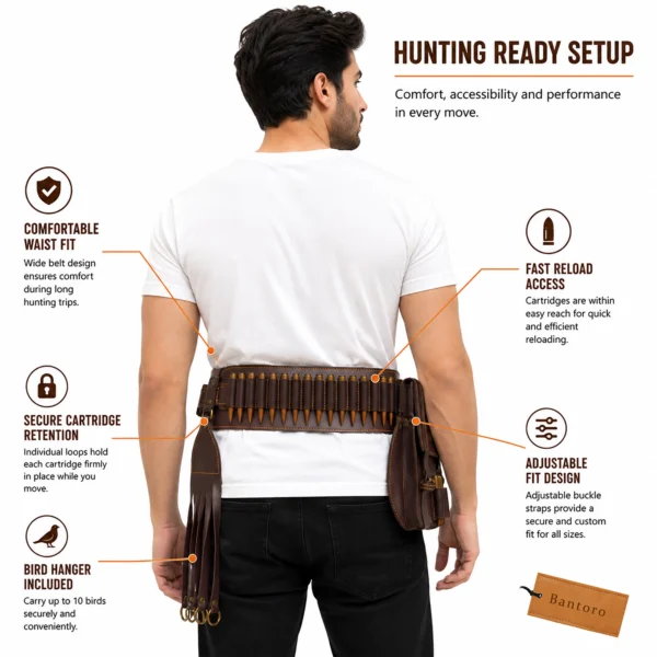 Cowhide Leather Hunting Bandolier Belt Set worn on waist with cartridge belt and bird hanger