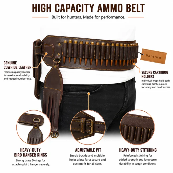 Cowhide Leather Hunting Bandolier Belt Set cartridge belt with secure rifle shell holders