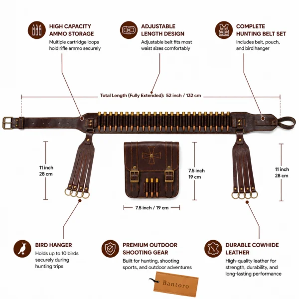 Cowhide Leather Hunting Bandolier Belt Set dimensions adjustable cartridge belt and hunting pouch