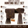 Cowhide Leather Hunting Bandolier Belt Set infographic showing hunting pouch, cartridge holders, bird hanger, adjustable belt system and premium cowhide leather construction