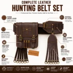 Cowhide Leather Hunting Bandolier Belt Set infographic showing hunting pouch, cartridge holders, bird hanger, adjustable belt system and premium cowhide leather construction