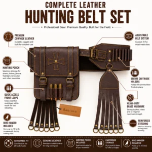 Cowhide Leather Hunting Bandolier Belt Set infographic showing hunting pouch, cartridge holders, bird hanger, adjustable belt system and premium cowhide leather construction