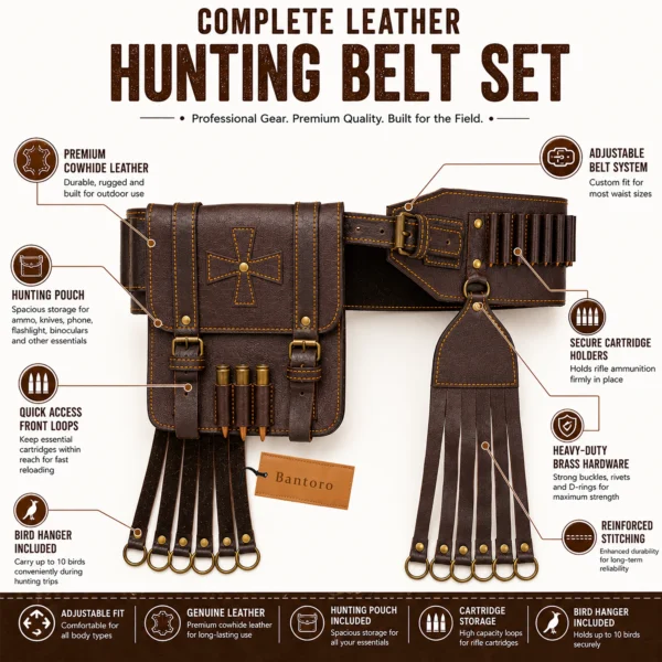 Cowhide Leather Hunting Bandolier Belt Set infographic showing hunting pouch, cartridge holders, bird hanger, adjustable belt system and premium cowhide leather construction