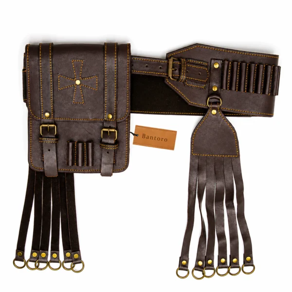 Cowhide Leather Hunting Bandolier Belt Set with hunting pouch bird hanger and cartridge belt front view