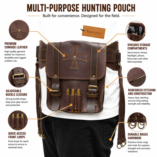 Cowhide Leather Hunting Bandolier Belt Set premium leather hunting pouch close up