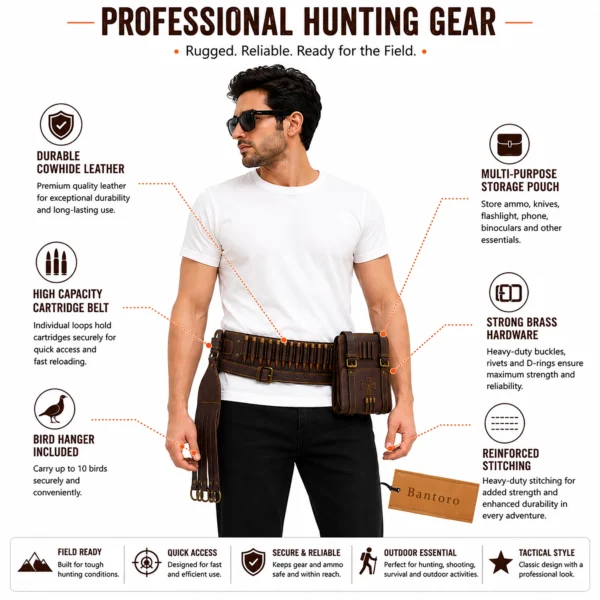 Cowhide Leather Hunting Bandolier Belt Set complete hunting gear worn by hunter