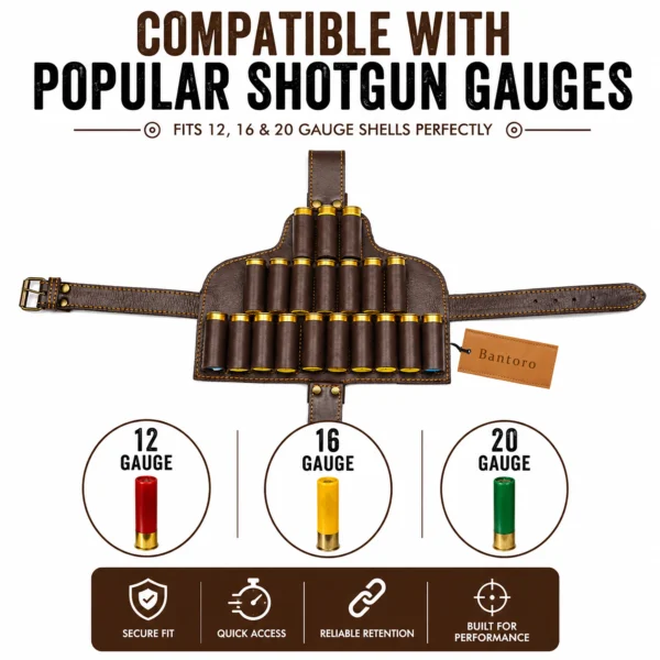 Cowhide Leather Shotgun Shell Holder Leg Belt compatible with 12 gauge 16 gauge and 20 gauge shotgun shells