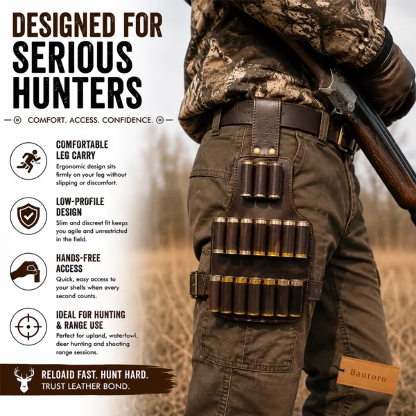Cowhide Leather Shotgun Shell Holder Leg Belt worn by hunter for quick access ammunition carrying in the field