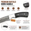 Damascus Horn Hunting Knife premium buffalo horn handle close-up with riveted full tang design