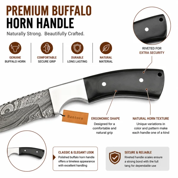 Damascus Horn Hunting Knife premium buffalo horn handle close-up with riveted full tang design