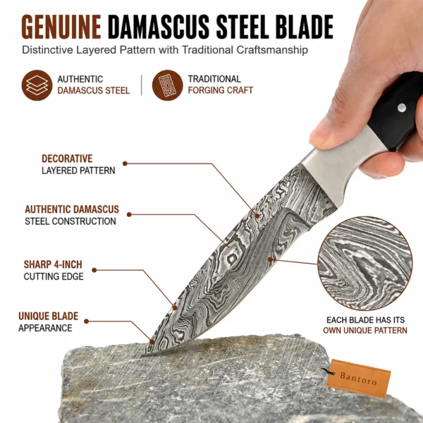 Damascus Horn Hunting Knife authentic Damascus steel blade close-up showing layered pattern and cutting edge