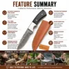 Damascus Horn Hunting Knife feature summary showing Damascus steel blade buffalo horn handle and leather sheath