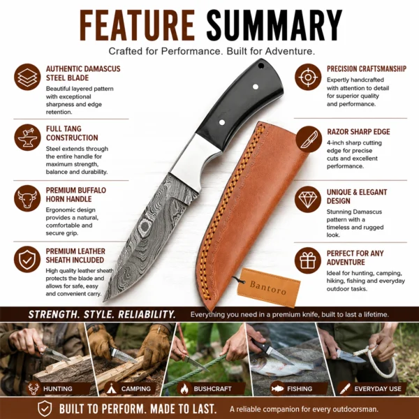 Damascus Horn Hunting Knife feature summary showing Damascus steel blade buffalo horn handle and leather sheath