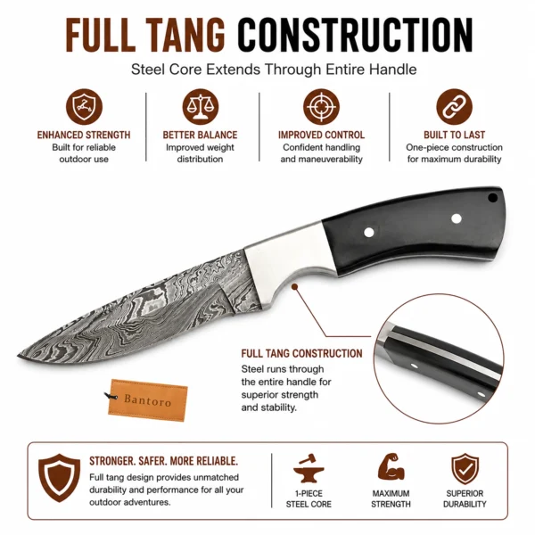 Damascus Horn Hunting Knife full tang fixed blade construction with visible steel core and buffalo horn handle