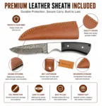 Damascus Horn Hunting Knife with premium leather sheath featuring belt loop and reinforced stitching