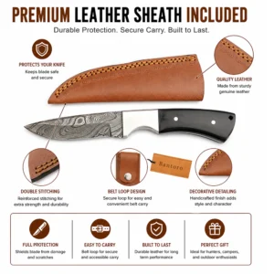 Damascus Horn Hunting Knife with premium leather sheath featuring belt loop and reinforced stitching