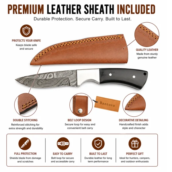Damascus Horn Hunting Knife with premium leather sheath featuring belt loop and reinforced stitching