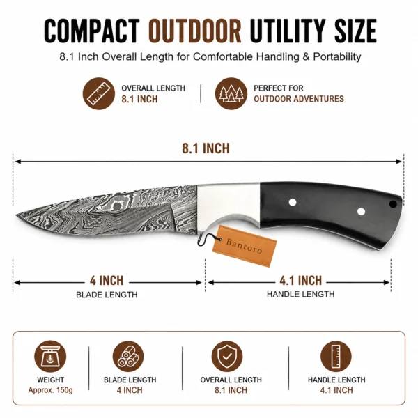 Damascus Horn Hunting Knife dimensions overview showing 8.1 inch full tang fixed blade knife with buffalo horn handle