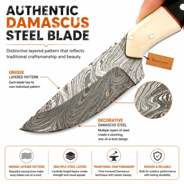 Damascus Hunting Knife decorative layered Damascus steel blade close-up view