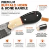 Damascus Hunting Knife buffalo horn and bone handle close-up with red spacer accent