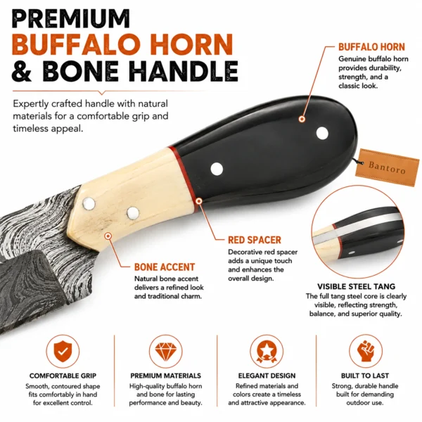 Damascus Hunting Knife buffalo horn and bone handle close-up with red spacer accent