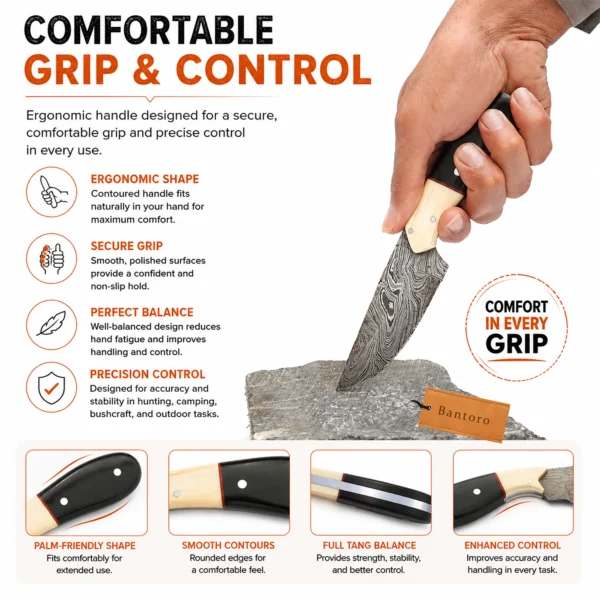 Damascus Hunting Knife comfortable grip and control during outdoor use