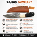 Damascus Hunting Knife feature summary with leather sheath and buffalo horn handle
