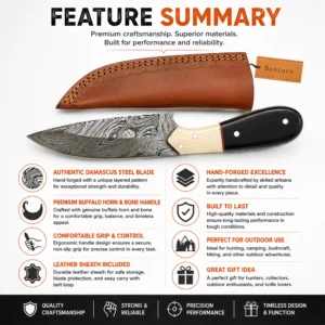 Damascus Hunting Knife feature summary with leather sheath and buffalo horn handle