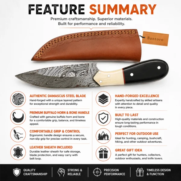 Damascus Hunting Knife feature summary with leather sheath and buffalo horn handle