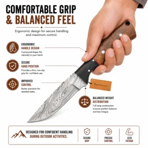 Damascus Hunting Knife held in hand showing ergonomic outdoor grip