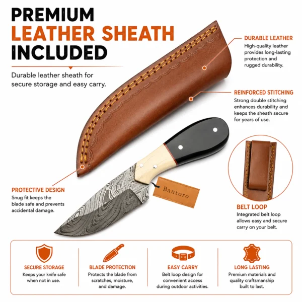Damascus Hunting Knife with premium leather sheath and reinforced stitching
