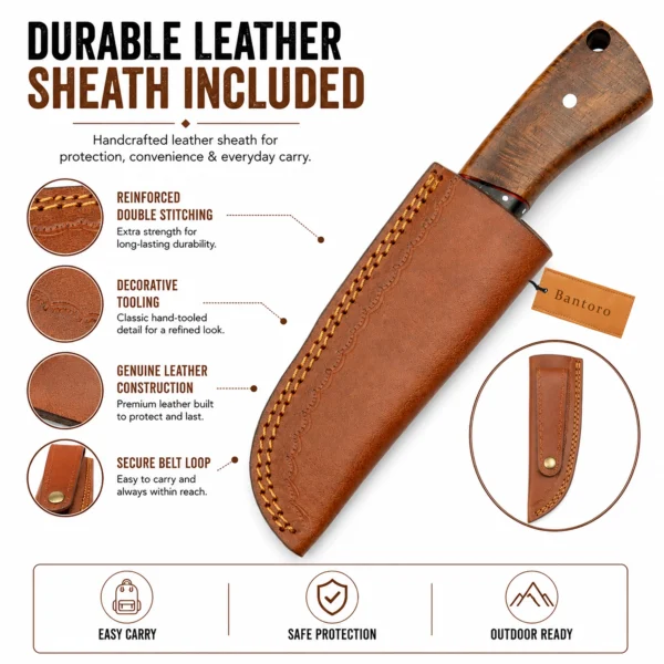 Damascus Hunting Knife genuine leather sheath with belt loop