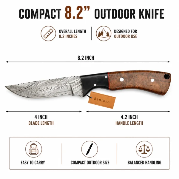 Damascus Hunting Knife overall dimensions with 4 inch blade and 8.2 inch full tang design