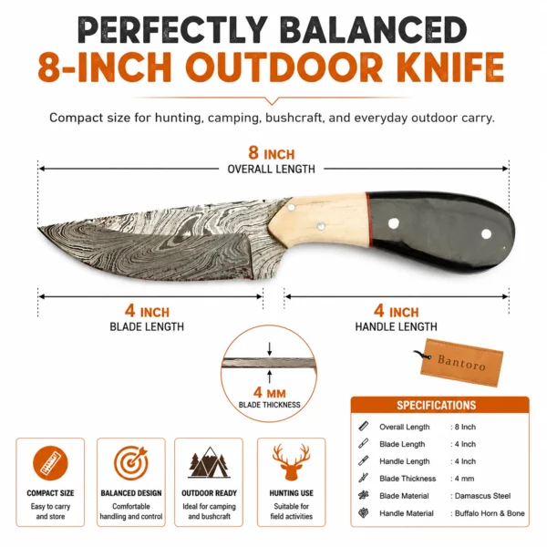 Damascus Hunting Knife 8-inch overall length with 4-inch blade and handle measurements