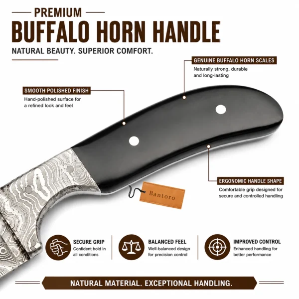 Damascus Steel Hunting Knife with polished buffalo horn handle close-up