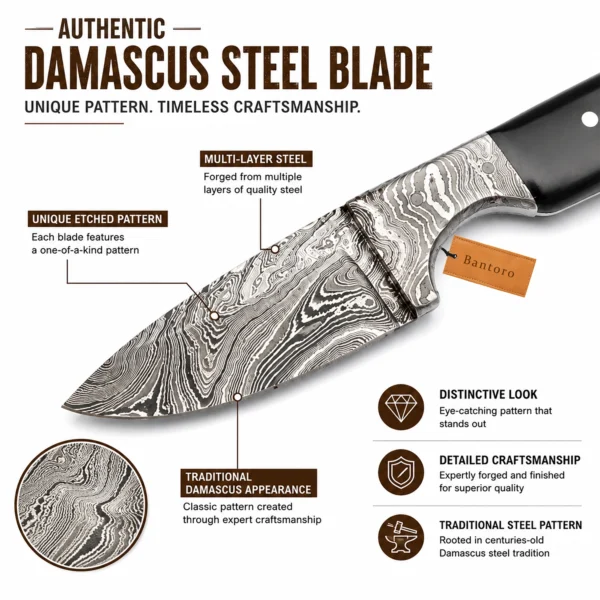 Damascus Steel Hunting Knife close-up showing authentic layered Damascus steel blade pattern