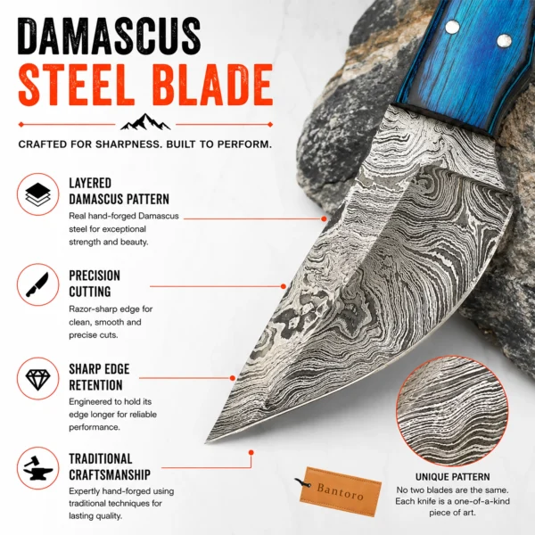 Damascus Steel Hunting Knife close-up of Damascus patterned blade