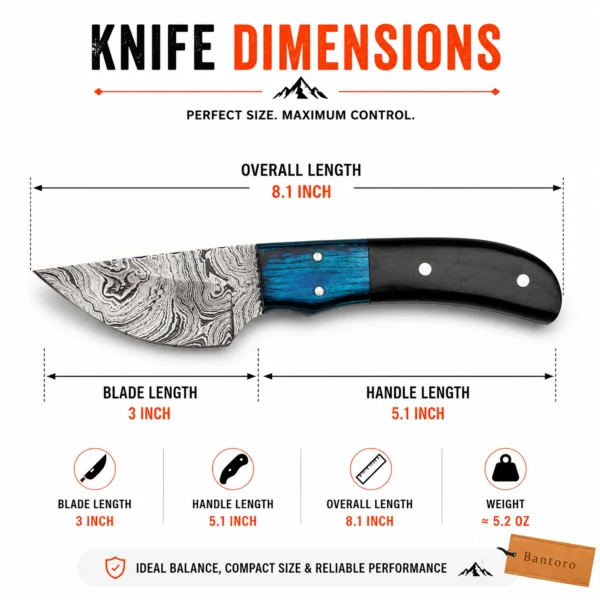 Damascus Steel Hunting Knife dimensions showing 8.1 inch overall length and 3 inch blade