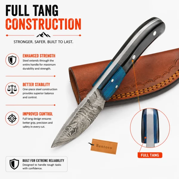 Damascus Steel Hunting Knife full tang construction with wood and buffalo horn handle