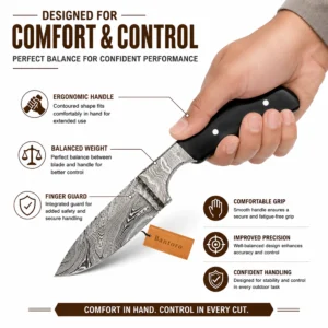 Damascus Steel Hunting Knife ergonomic full tang fixed blade held in hand