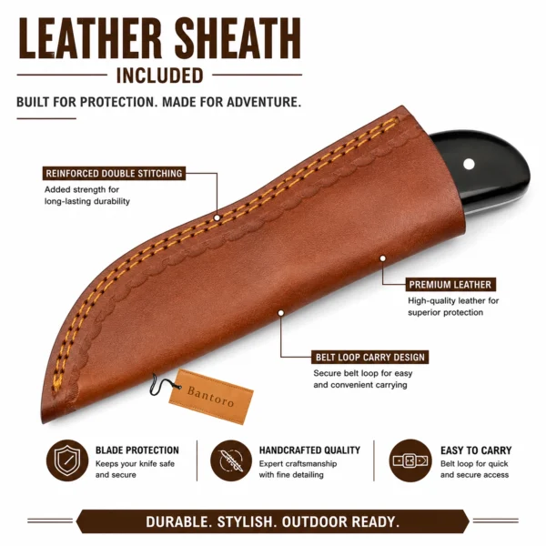 Damascus Steel Hunting Knife premium leather sheath with reinforced stitching