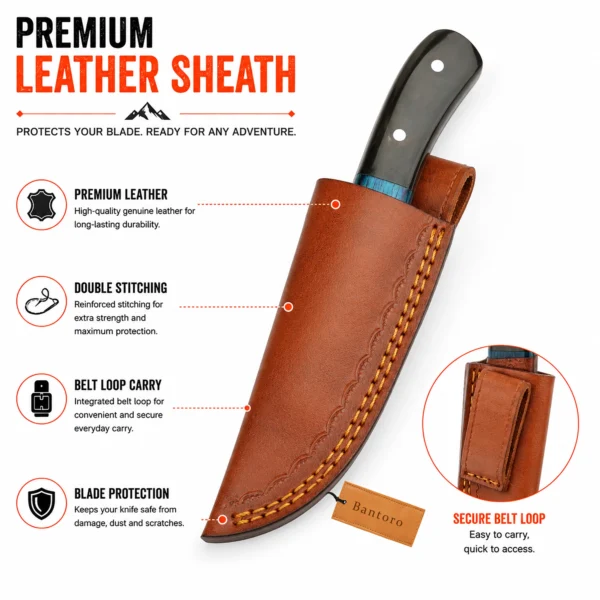 Damascus Steel Hunting Knife with premium leather sheath and belt loop