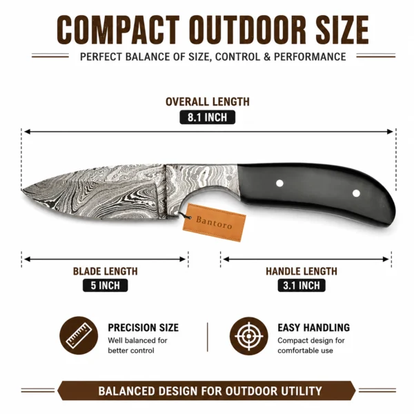 Damascus Steel Hunting Knife with 8.1 inch full tang blade size dimensions and buffalo horn handle