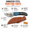 Damascus Steel Hunting Knife with wood and buffalo horn handle and leather sheath showing key features