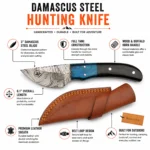 Damascus Steel Hunting Knife with wood and buffalo horn handle and leather sheath showing key features