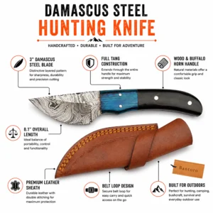 Damascus Steel Hunting Knife with wood and buffalo horn handle and leather sheath showing key features