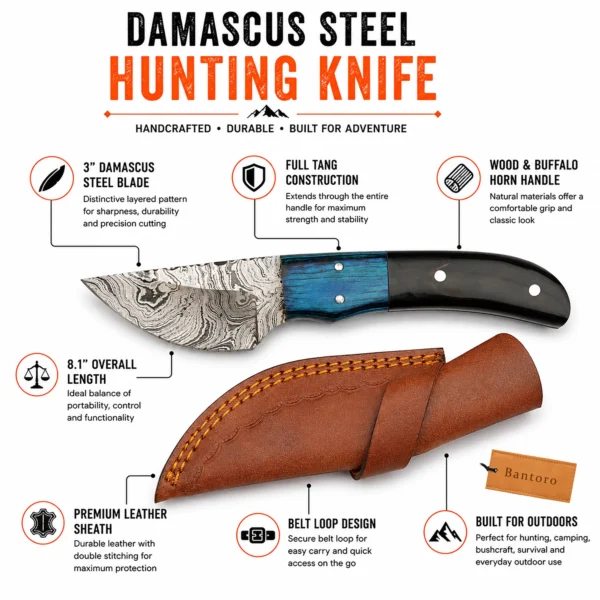 Damascus Steel Hunting Knife with wood and buffalo horn handle and leather sheath showing key features