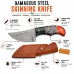 Damascus Steel Skinning Knife with horn handle and leather sheath feature overview