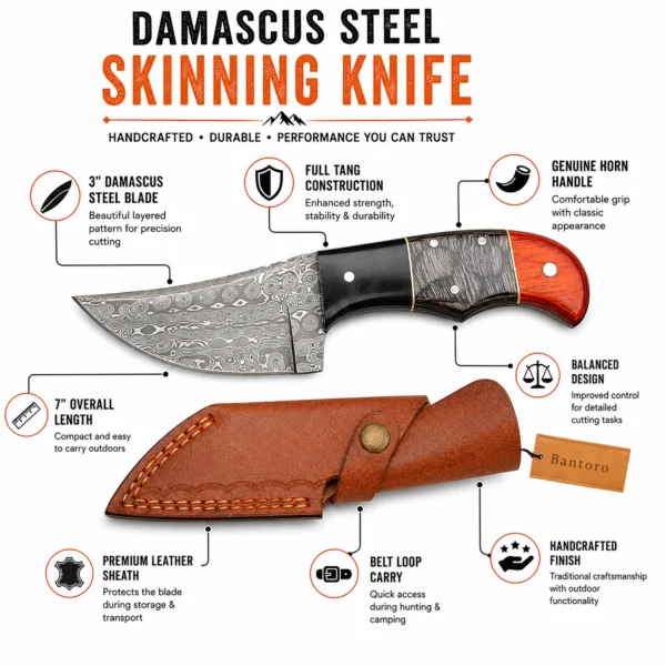 Damascus Steel Skinning Knife with horn handle and leather sheath feature overview