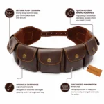 Genuine leather rifle cartridge bandolier belt with organized ammunition storage pouches